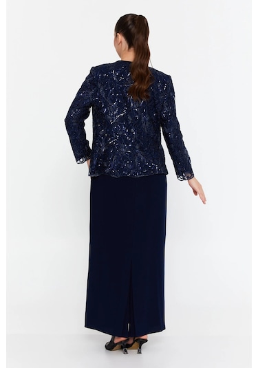 Güzelyalı Kadın Büyük Beden Taş İşlemeli Uzun Abiye Takım 1047 Lacivert Lacivert