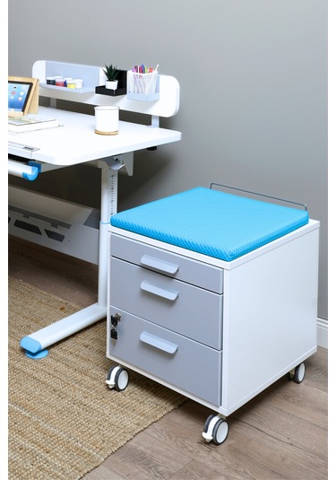 Creo Mobili Çekmeceli Kilitli Tekerlekli Vega Keson, Oturulabilir Ofis Ve Ev Komodini, Beyaz/mavi