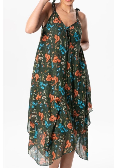 Askılı Vual Afrodit Midi Boy Yazlık Elbise Koyu Yeşil 6161 - Kadın