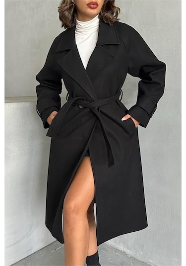 Dip Moda Kadın Astarlı Siyah İthal Kaşe Kaban Dpnbg048 Siyah