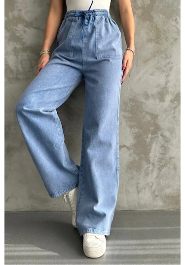 4572 Kadın Parça Boya Palazzo Pantolon Mavi Mavi