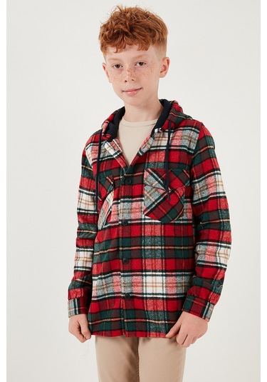 Lela Ekoseli Kapüşonlu Cepli Kışlık Oduncu Erkek Çocuk Gömlek Cf24W81779 Kırmızı-Yeşil