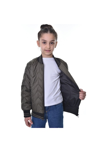 Kız Çocuk Kolej Yaka Astarlı Su Ve Rüzgar Geçirmez Fermuarlı Mont Ceket Haki