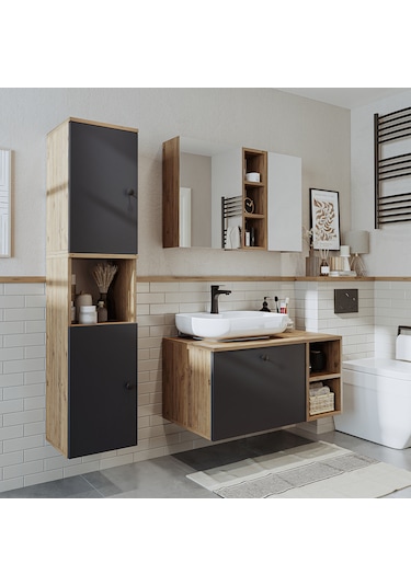 "lavabolu" Mdf 95 Cm Lotus Oval Lavabolu Banyo Dolabı Atlantik Çam - Antrasit