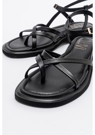 Luvishoes Antas Siyah Hakiki Deri Kadın Sandalet Siyah