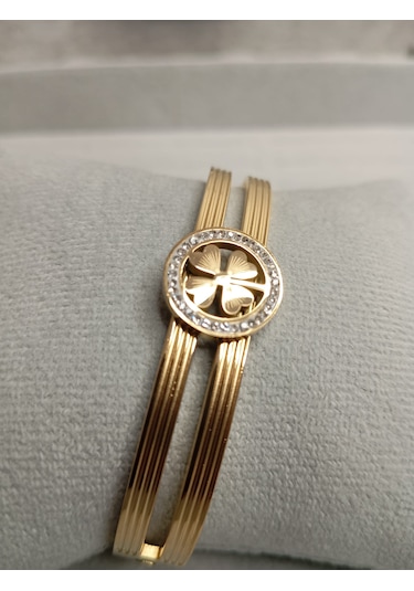 Yonca Model Zirkon Taşlı Gold Renk Kelepçe Bileklik Gold