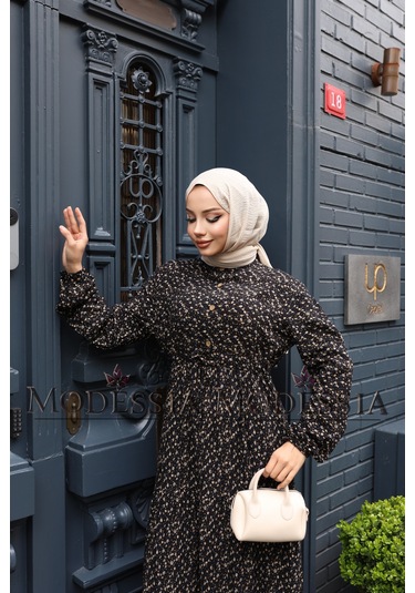 Kadın Siyah %100 Viskon Pamuklu Belden Bağlamalı Çiçek Desen Kat Kat Elbise V9539 Siyah