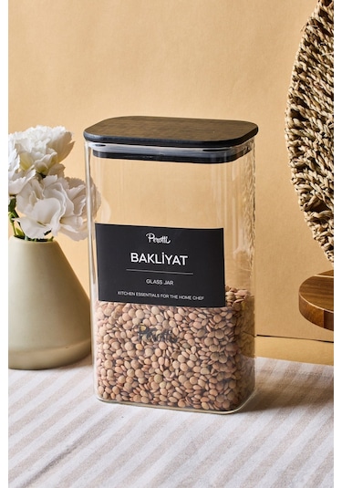 Porter Siyah Kapak Borosilikat Dikdörtgen Cam Kavanoz 1500 Ml 8x12x20 Cm 4 Adet Etiketli Seffaf Şeffaf