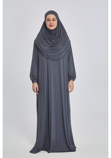 Pratik Başörtülü Rahat Giyilebilen Organik Tek Parça Namaz Elbisesi Füme