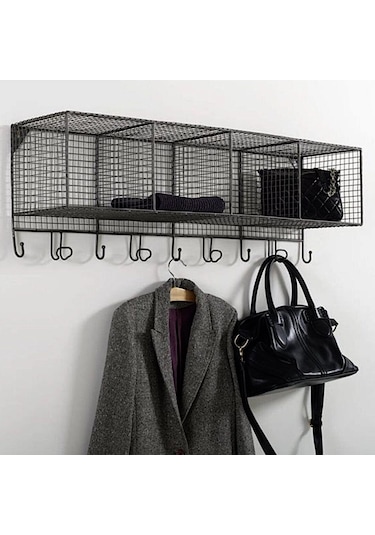Wessdizayn 9 Kancalı Metal Duvar Askılığı 4 Gözlü Antre Duvar Rafı Wd-209 Siyah