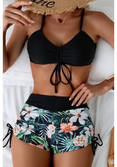 Angelsin Büzgü Ayarlı Baskılı Bikini Takımı Siyah