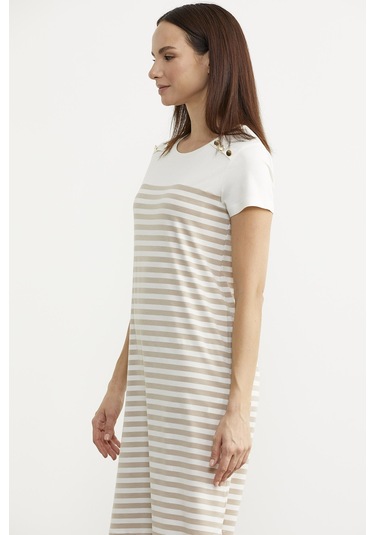 Düğme Detaylı Çizgili Penye Elbise - Vizon 001