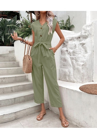 Keten Kadın V Yaka Tek Sıra Düğmeli Kolsuz Tulum 001