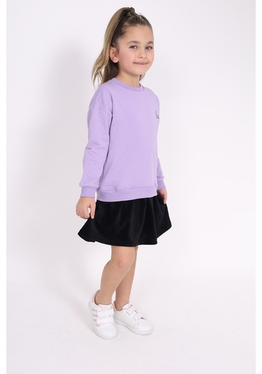 Toontoy Kız Çocuk Göğsü Yazı Baskılı Elbise Lila