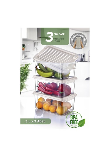 3'lü Set 3l Kilit Kapaklı Erzak Saklama Kabı Difriz Buzdolabı Düzenleyici Un Bakliyat Saklama Kutusu Bej