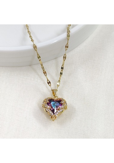 Çelik Mor Taşlı Kalp Kolye 1,5 Cm Beyaz