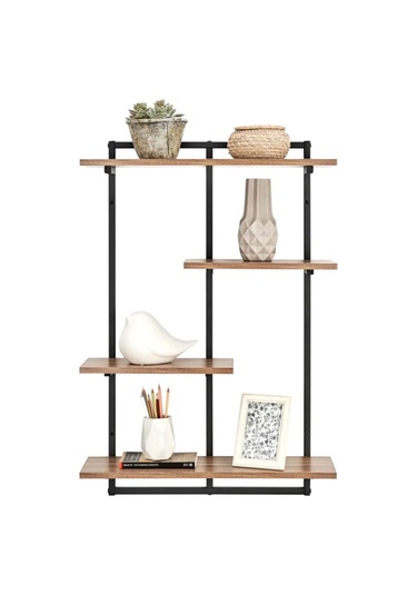 Aju Modern Duvar Rafı - 4 Katlı Metal Şık Modern Yüzen Pencere Duvar Rafı Kitaplık Düzenleyici Raf Siyah