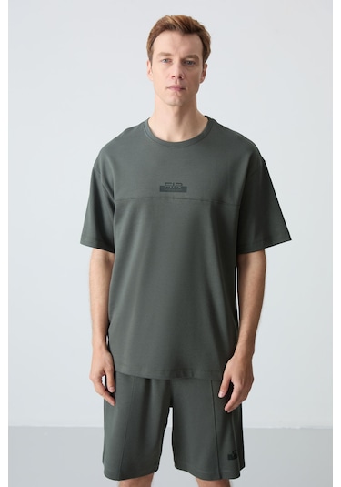 Haki Pamuklu Kalın Yumuşak Dokulu Oversize Fit Basic Erkek Şort Takım - 85259