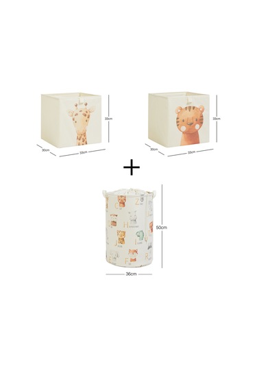 Ocean Home Textile 3'lü Çocuk Odası Sevimli Hayvanlar Kutu Sepet Set 2 Adet 33 X 30 X 33 / 1 Adet 36 X 50 Cm Ekru