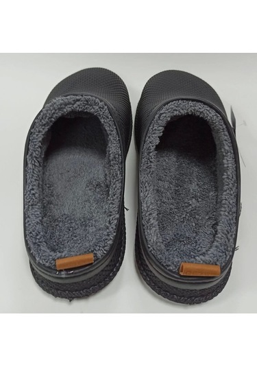 Gezer Kışlık Islak Zemin Erkek Terlik Önü Kapalı Tüylü Siyah Siyah