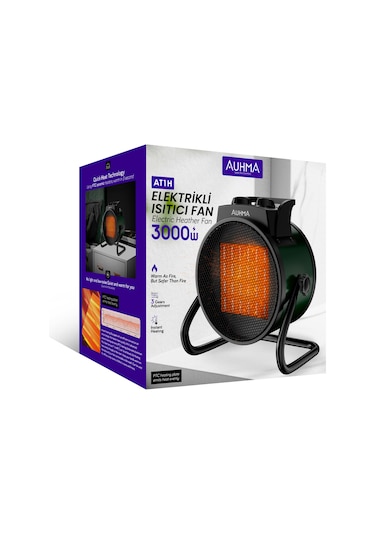 Auhma At1h Elektrikli Isıtıcı Fan Yeşil 3000w Hızlı Isınma, 3 Kademeli Ayar, Sessiz Ptc Isıtma Tek
