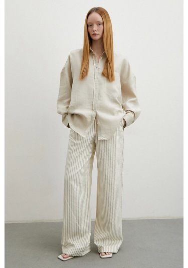 Robalı Cepli Keten Gömlek Taş TAŞ Taş