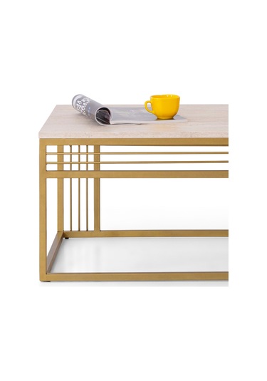 Milano Lüks Orta Sehpa Metal Ayaklı Traverten Üst Tablalı Dikdö Altın