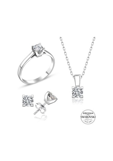 Sertifikalı Swarovski Minik Tek Taş 925 Gümüş Set Takım