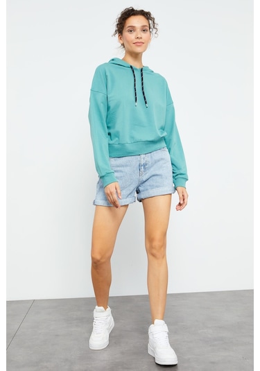 Tommy Life Mint Yeşili Uzun Kol Rahat Form Kapüşonlu Kadın Sweatshirt - 97115 Mint Yeşili