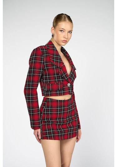 Kadın Kırmızı Ekoseli Crop Blazer Kırmızı