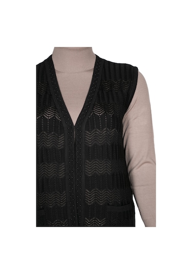 Hesna Kadın Gökçe Triko Ajurlu Boncuklu Cepli Siyah Yelek Siyah