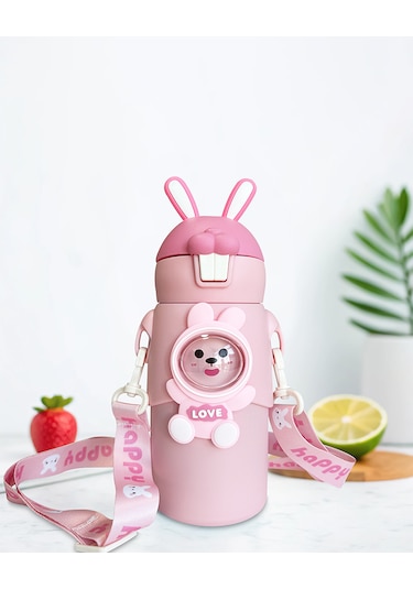 Pembe Tavşan Kulaklı Çoçuk Termosu Paslanmaz Çelik Pembe