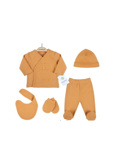 3 Ay Zürafa Nakışlı Çizgili 5'li Hastane Çıkış Seti Hardal