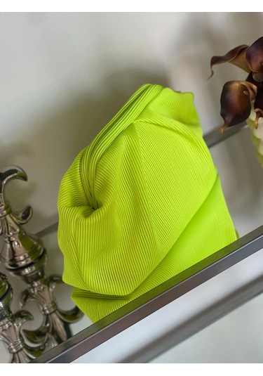Neon Sarı, Piliseli Çizgi Detaylı El Çantası Sarı