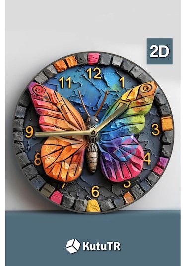 Renkli Kelebek Figürlü Çift Katmanlı Mdf Duvar Saati 3d Görünümlü 33 Cm Sdw004 Renkli