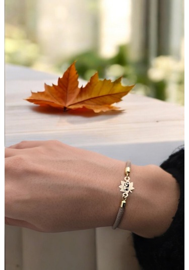 Panda Temalı Örgülü 14 Ayar Altın Plakalı Yaprak Figürlü Hediye Bileklik-331sembol-kahverengi Altın