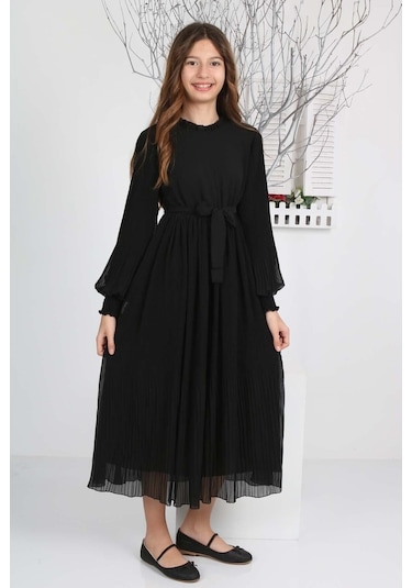 Kız Çocuk Uzun Boydan Pliseli Şifon Elbise Siyah