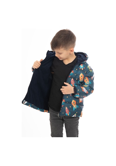 Erkek Çocuk Içi Polarlı Kapüşonlu Roket Desenli Kışlık Şişme Mont Lacivert