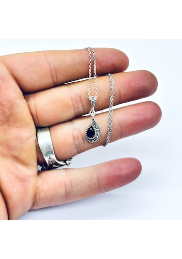 Damla Model Margazit Ve Oltu Taşı Tasarım 925 Ayar Gümüş Kolye Siyah