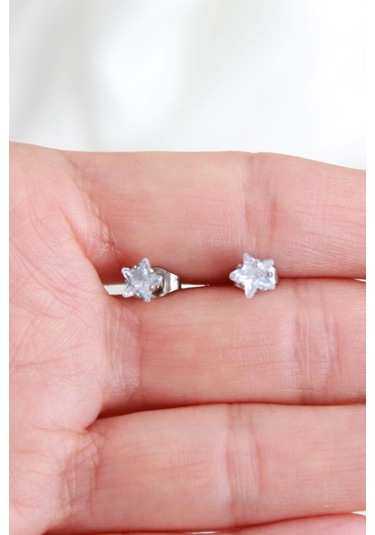 Niki Aksesuar Gümüş Renk Zirkon Yıldız Taşlı Çelik Küpe - Küçük Boy Silver