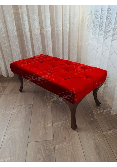 Kapitoneli Ayak Ucu Kapı Önü Antre Bench Puf Ceviz Ayak 90 45 Kırmızı