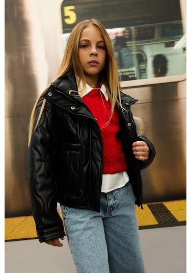 DeFacto Kız Çocuk Su İtici Fermuarlı Çıtçıt Kapamalı Cepli Mont C5486A824AUBK27 Siyah