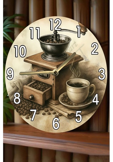 Sessiz Yuvarlak Ahşap Duvar Saati, Kuvars Coffe Desen Sdw2018 Coffe , Cafe Renkli