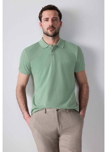 Ds Damat Regular Fit Açık Yeşil Pike Dokulu %100 Pamuk Kıvrılmaz Polo Yaka Nakışlı T-shirt 4HC14ORT51000 Yeşil