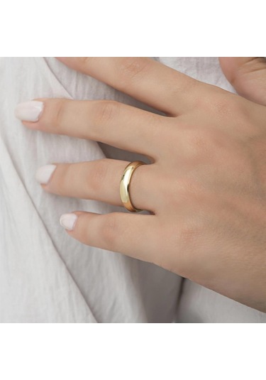 4 mm Bombeli Klasik Düz Altın Kaplama Tek Gümüş Alyans Yüzük