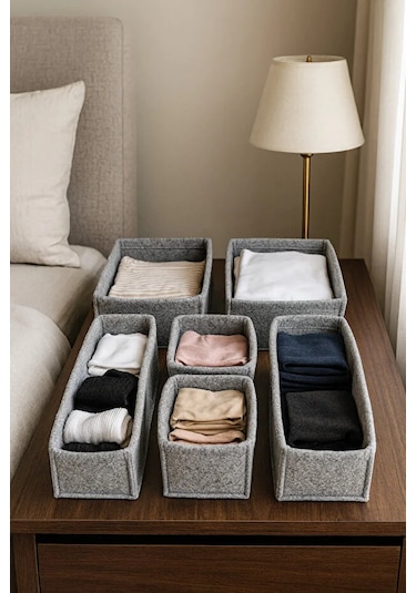 Gri Keçe Çekmece Ve Dolap Düzenleyici Organizer Seti 6 Parça Krem, Çok Amaçlı Düzenleyici Kutular Gri