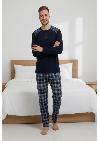 Erkek İnterlok Rahat Kalıp Sıfır Yaka Pamuk Pijama Takımı 6779 Lacivert