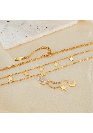 Sones Opk Gx2437 Paslanmaz Çelik Yıldız Ay Püskül Kolye Çift Katmanlı Yığılmış Köprücük Kemiği Zinciri Altın