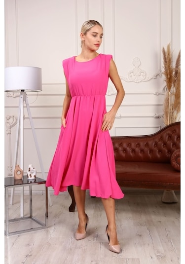 Aymeravm - Beli Büzgülü Kalın Askılı Kadın Elbise - Mas0938Ga