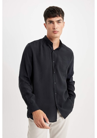 DeFacto Relax Fit Polo Yaka Poplin Modal Basic Düz Uzun Kollu Gömlek C4131AX24SMBK27 DeFacto Relax Fit Polo Yaka Poplin Modal Basic Düz Uzun Kollu Gömlek C4131AX24SMBK27